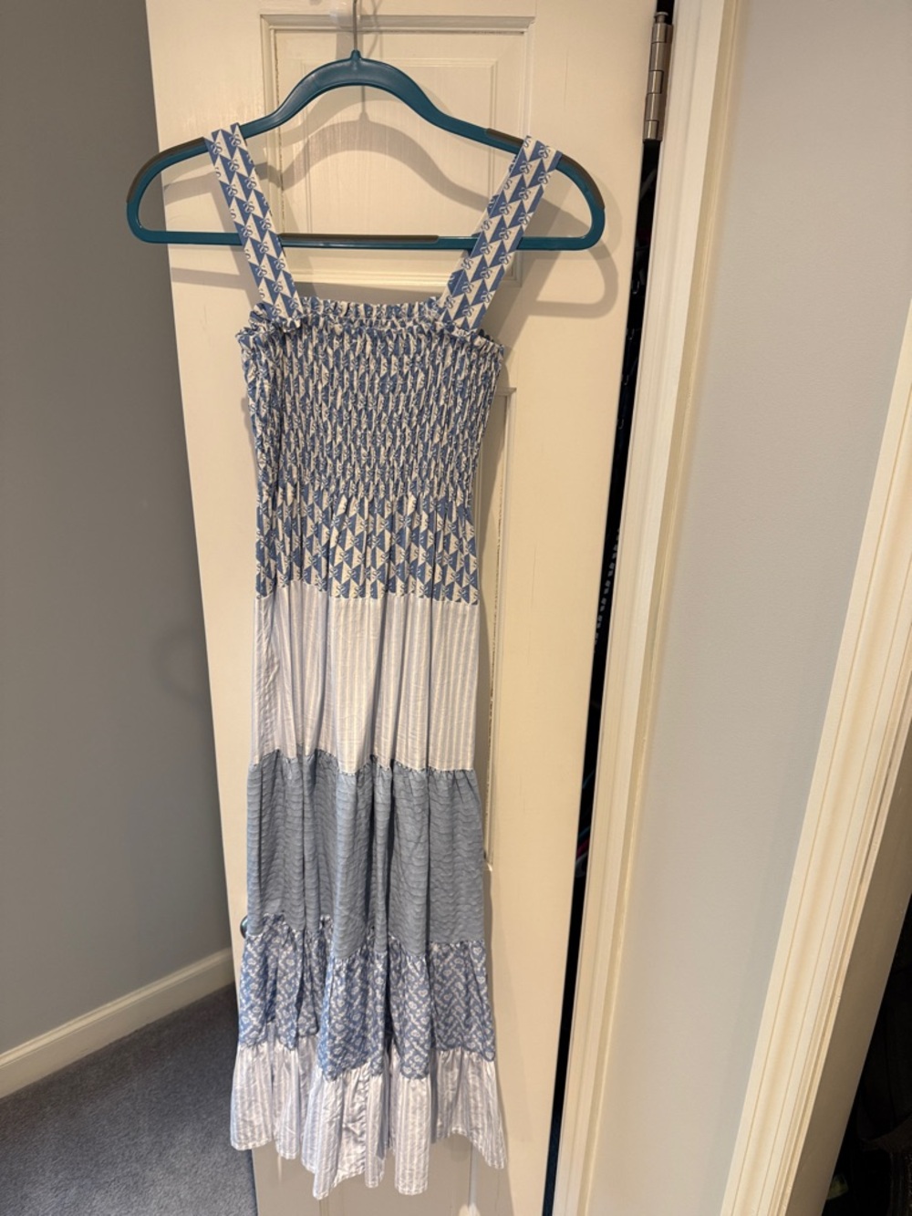 Blue and White Maxi Dress with Smocked Bodice